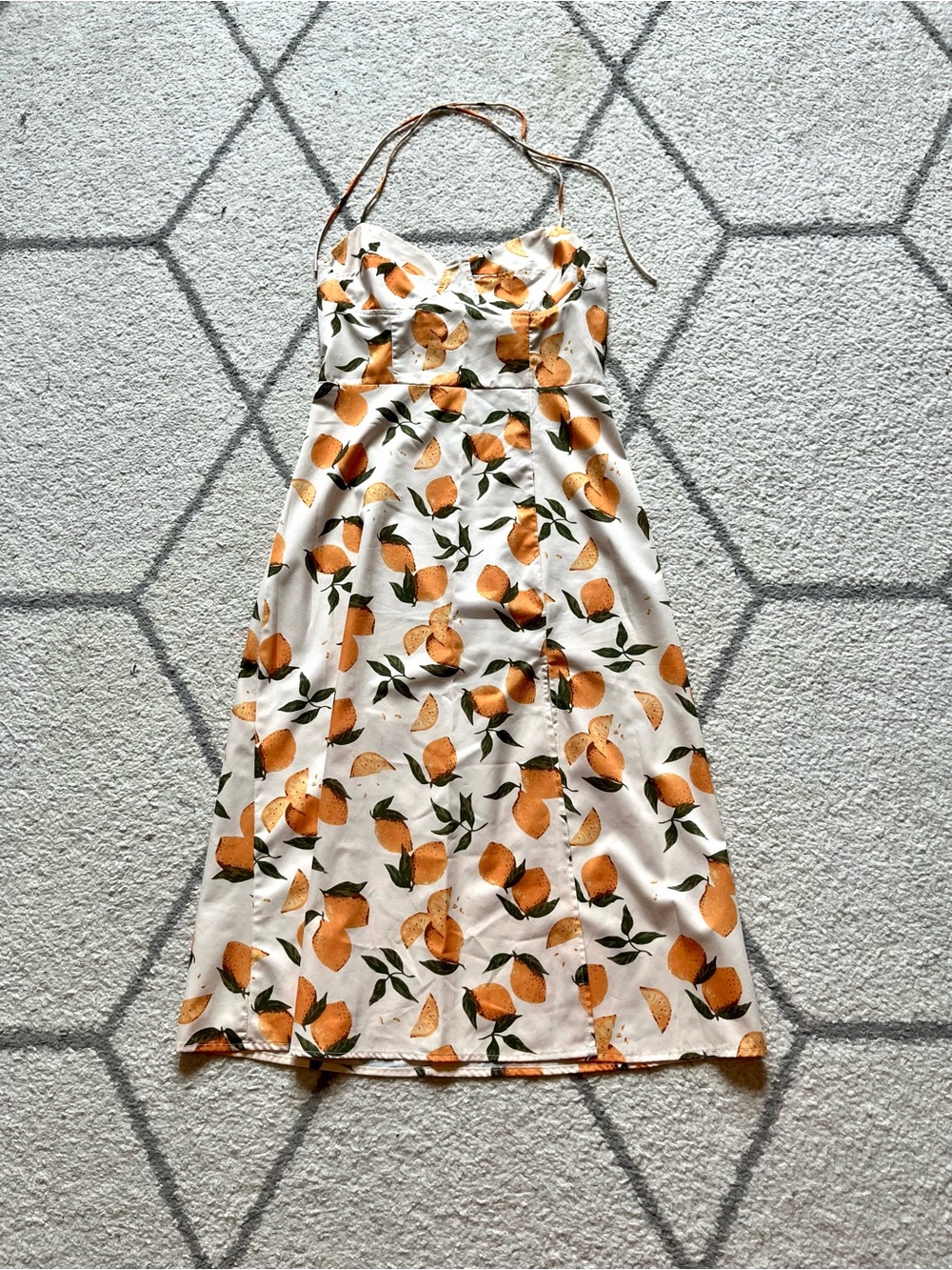 LIKE NEW White Orange Midi Summer Dress with Orange Fruit Print